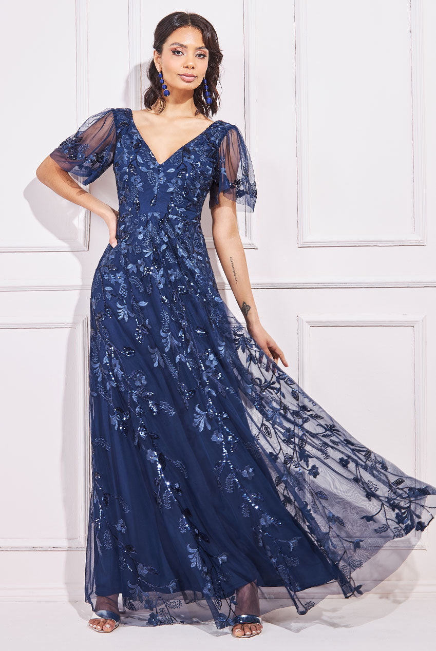 Goddiva Flared Sleeve Embroidered Maxi Dress