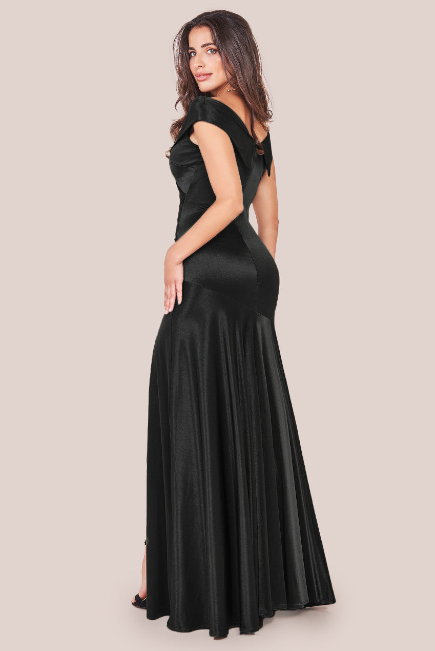 Goddiva Satin Off Shoulder Pleated Maxi Dress
