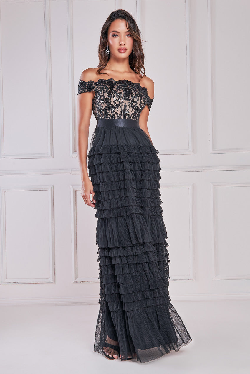 Goddiva Sequin Embroidered Scallop Bardot Tiered Ruffles Maxi Dress