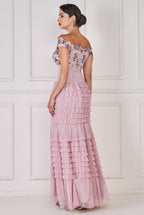Goddiva Sequin Embroidered Scallop Bardot Tiered Ruffles Maxi Dress