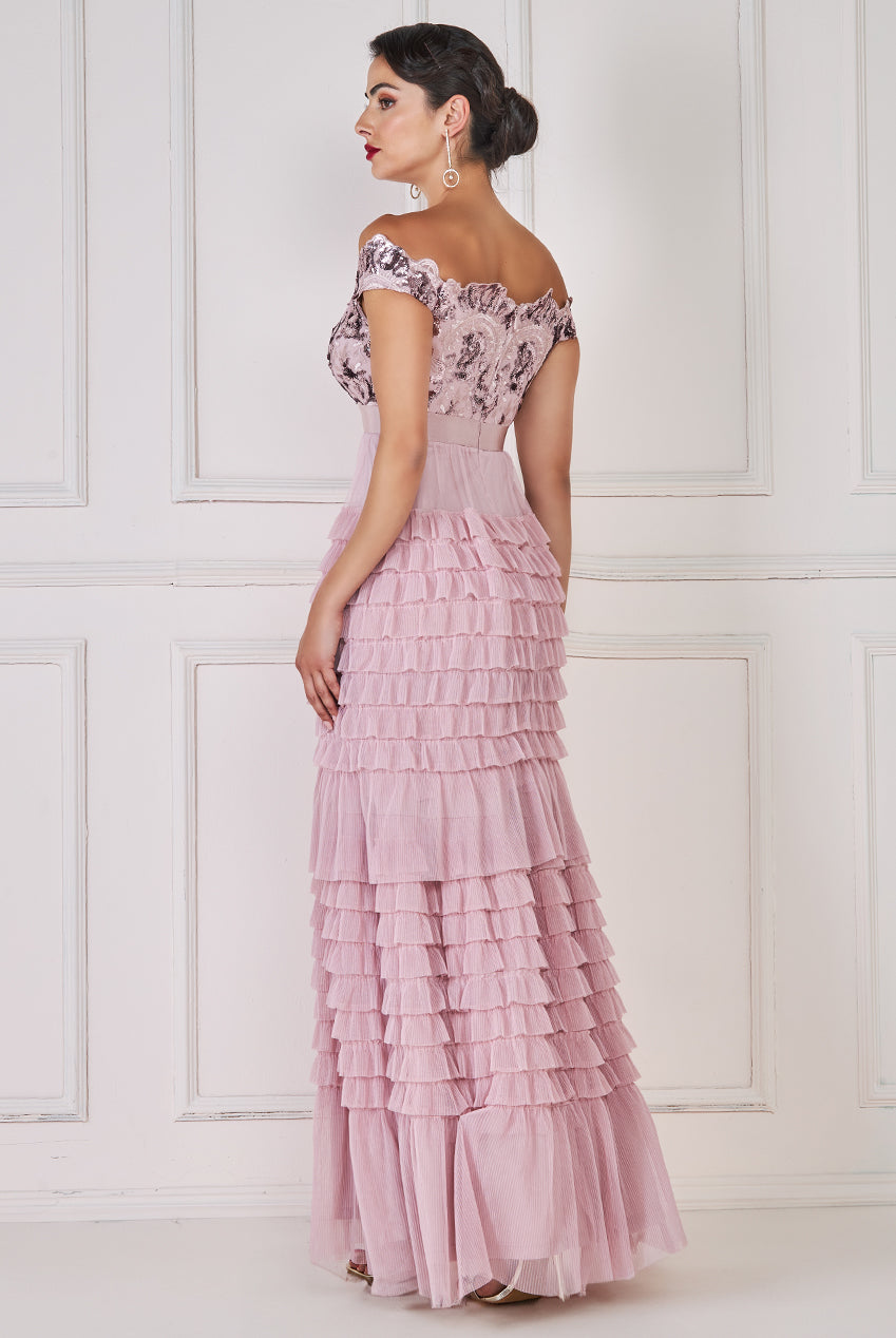 Goddiva Sequin Embroidered Scallop Bardot Tiered Ruffles Maxi Dress