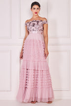 Goddiva Sequin Embroidered Scallop Bardot Tiered Ruffles Maxi Dress