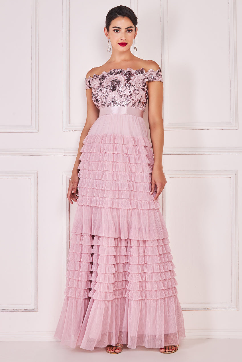 Goddiva Sequin Embroidered Scallop Bardot Tiered Ruffles Maxi Dress