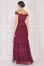 Goddiva Sequin Embroidered Scallop Bardot Tiered Ruffles Maxi Dress