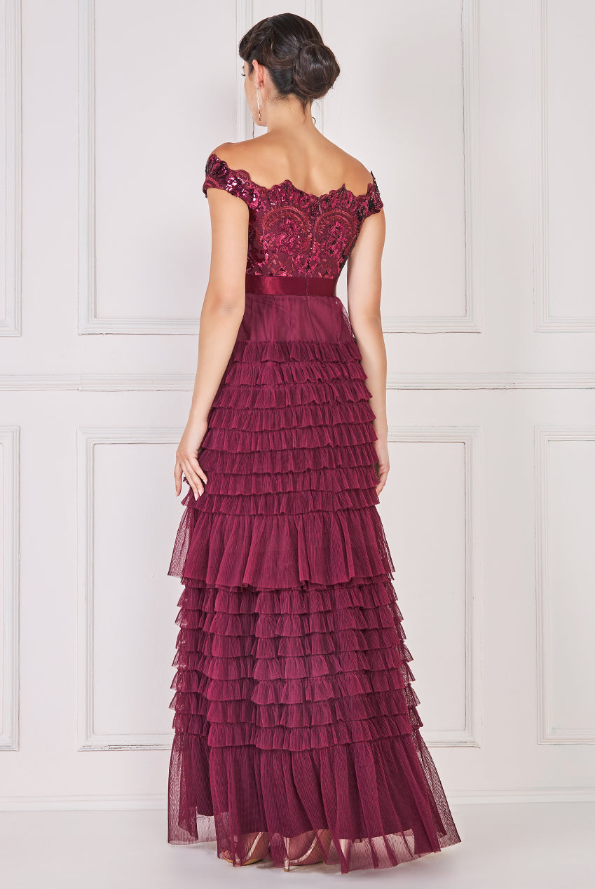 Goddiva Sequin Embroidered Scallop Bardot Tiered Ruffles Maxi Dress
