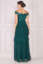 Goddiva Sequin Embroidered Scallop Bardot Tiered Ruffles Maxi Dress