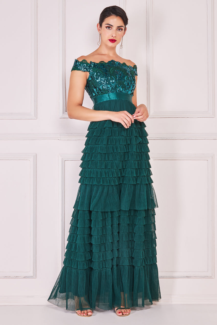 Goddiva Sequin Embroidered Scallop Bardot Tiered Ruffles Maxi Dress