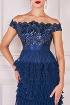 Goddiva Sequin Embroidered Scallop Bardot Tiered Ruffles Maxi Dress