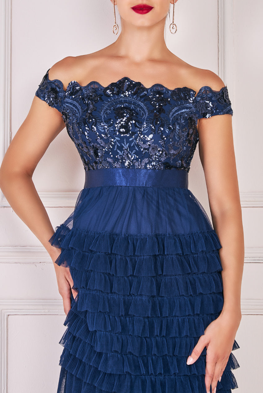 Goddiva Sequin Embroidered Scallop Bardot Tiered Ruffles Maxi Dress