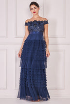 Goddiva Sequin Embroidered Scallop Bardot Tiered Ruffles Maxi Dress