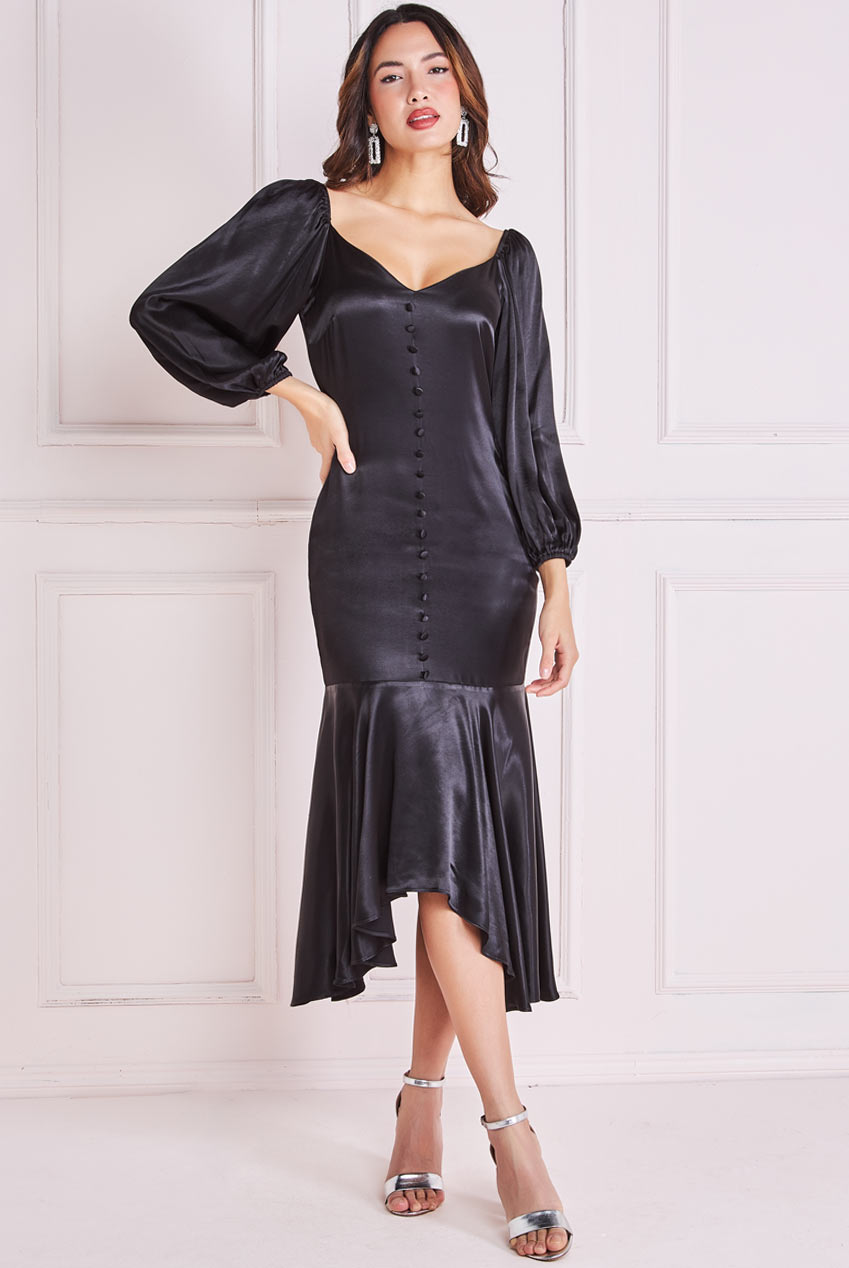 Goddiva Satin Front Buttoned High Low Hem Midi Dress