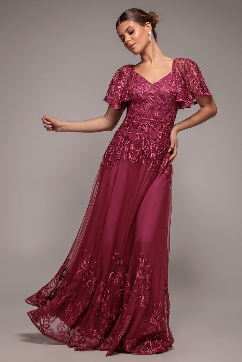 Goddiva Lace Flutter Sleeve Embroidered Mesh A Line Maxi Dress