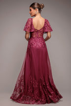 Goddiva Lace Flutter Sleeve Embroidered Mesh A Line Maxi Dress