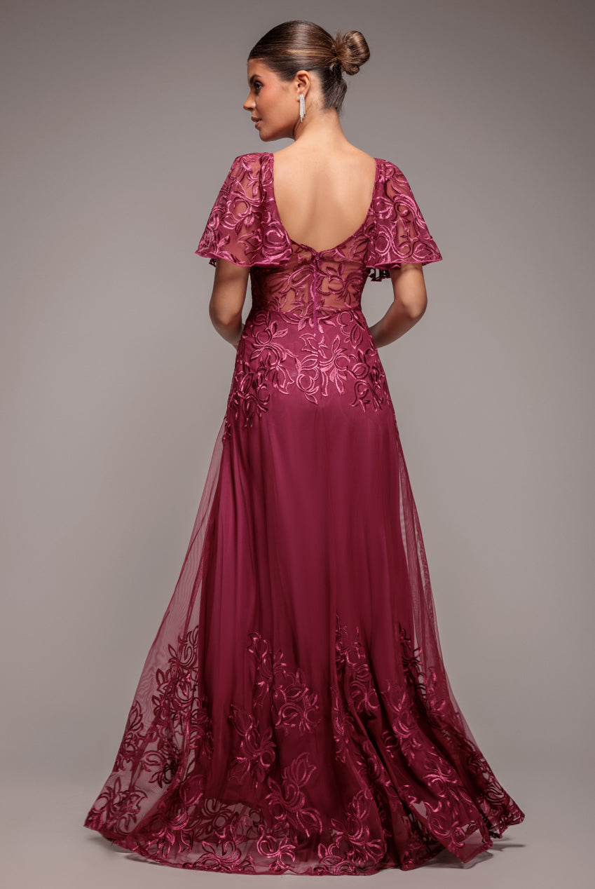 Goddiva Lace Flutter Sleeve Embroidered Mesh A Line Maxi Dress