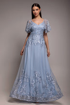 Goddiva Lace Flutter Sleeve Embroidered Mesh A Line Maxi Dress