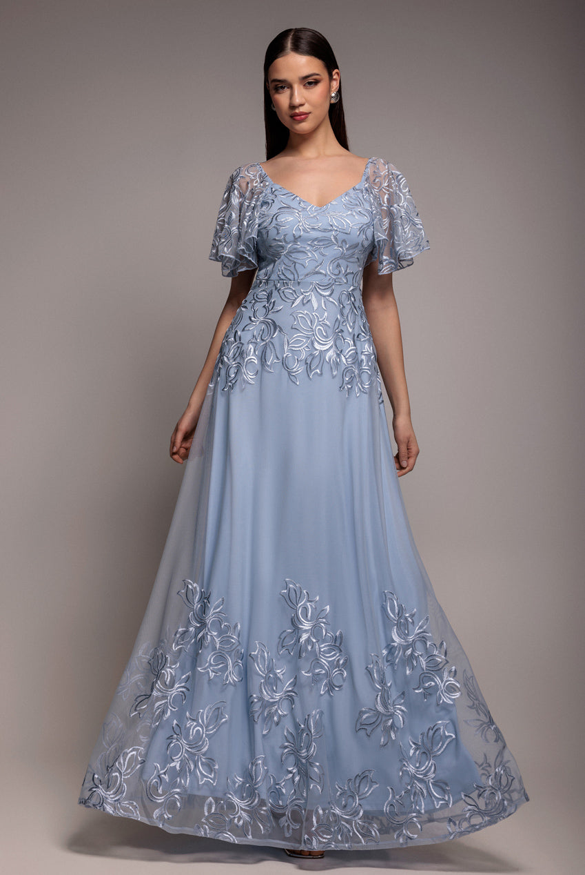 Goddiva Lace Flutter Sleeve Embroidered Mesh A Line Maxi Dress