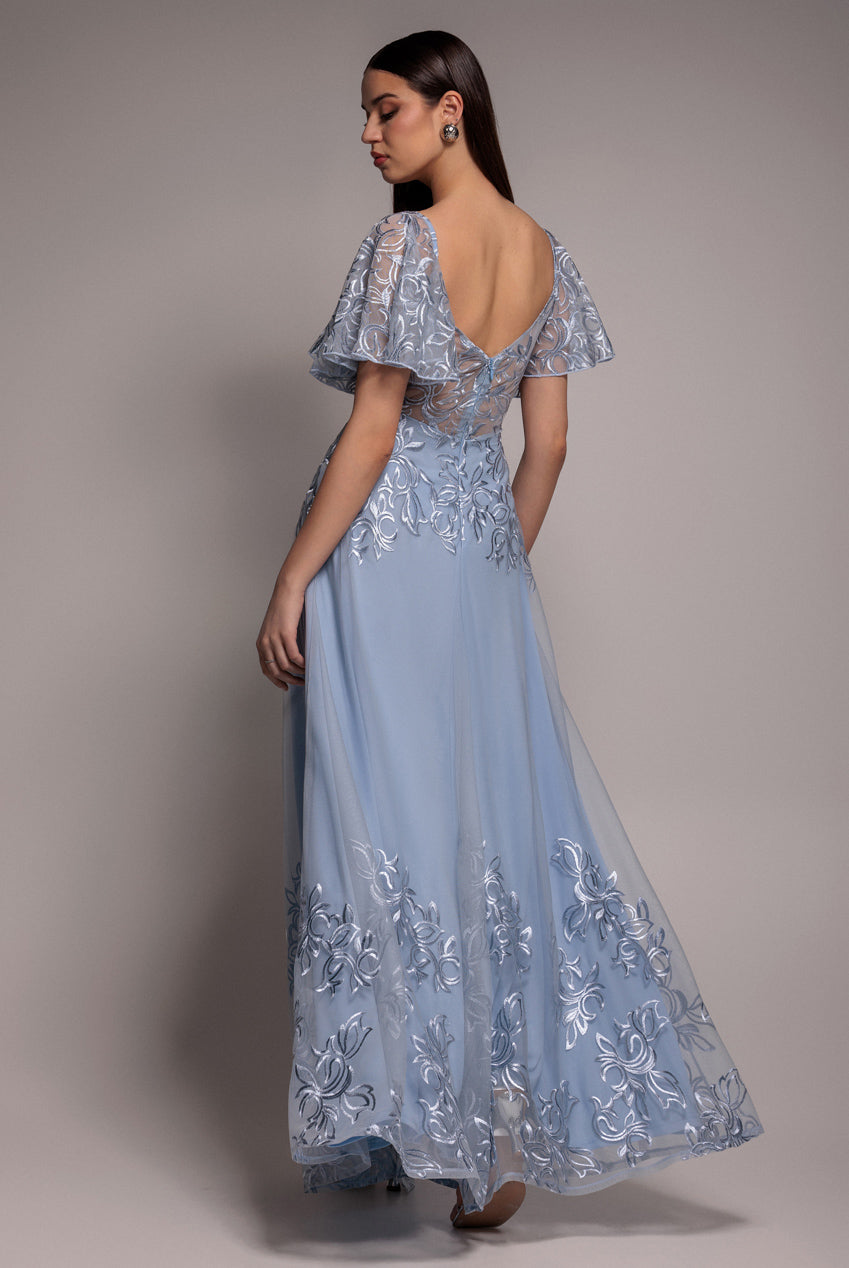 Goddiva Lace Flutter Sleeve Embroidered Mesh A Line Maxi Dress