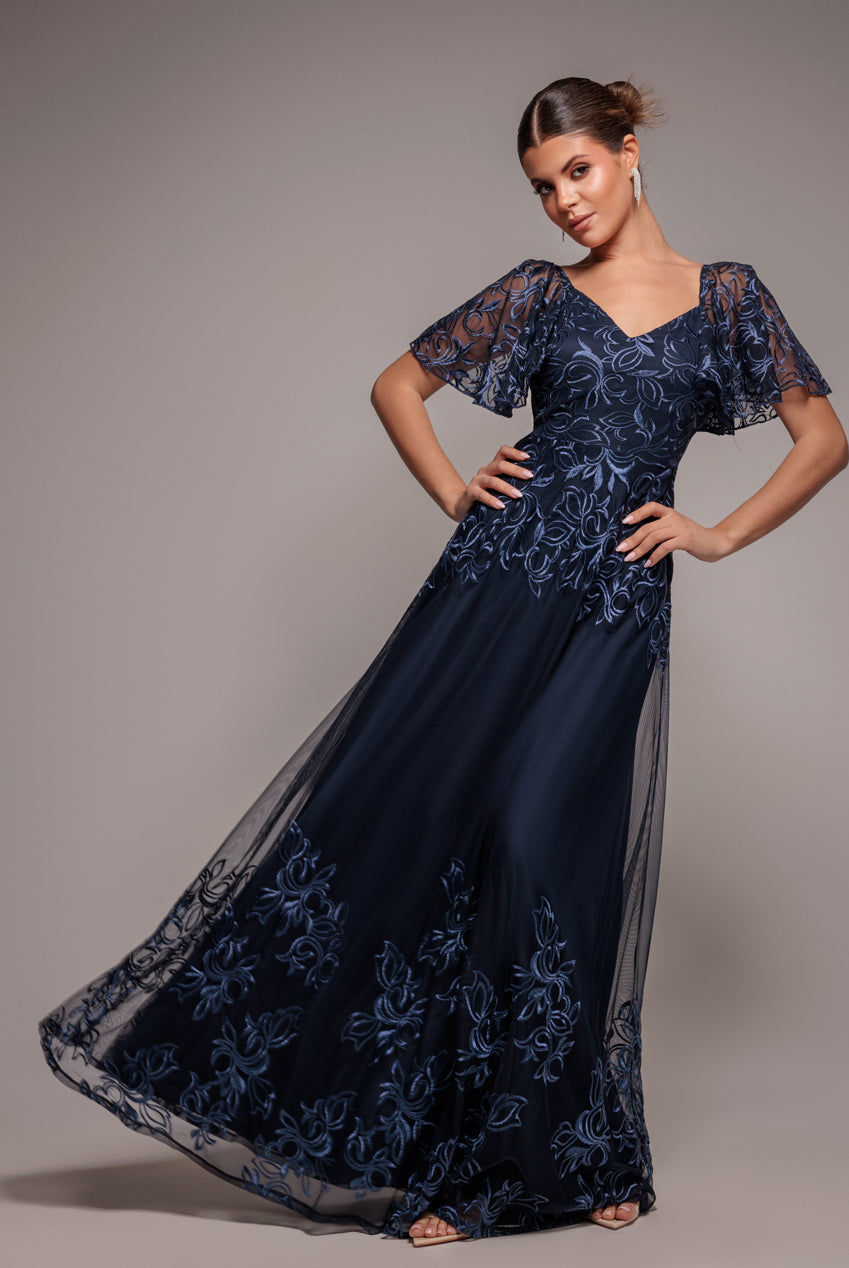 Goddiva Lace Flutter Sleeve Embroidered Mesh A Line Maxi Dress