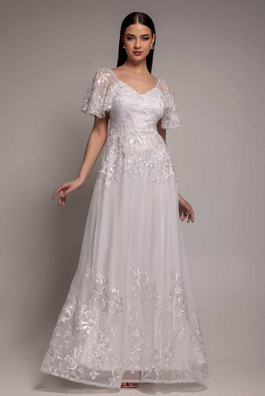 Goddiva Lace Flutter Sleeve Embroidered Mesh A Line Maxi Dress