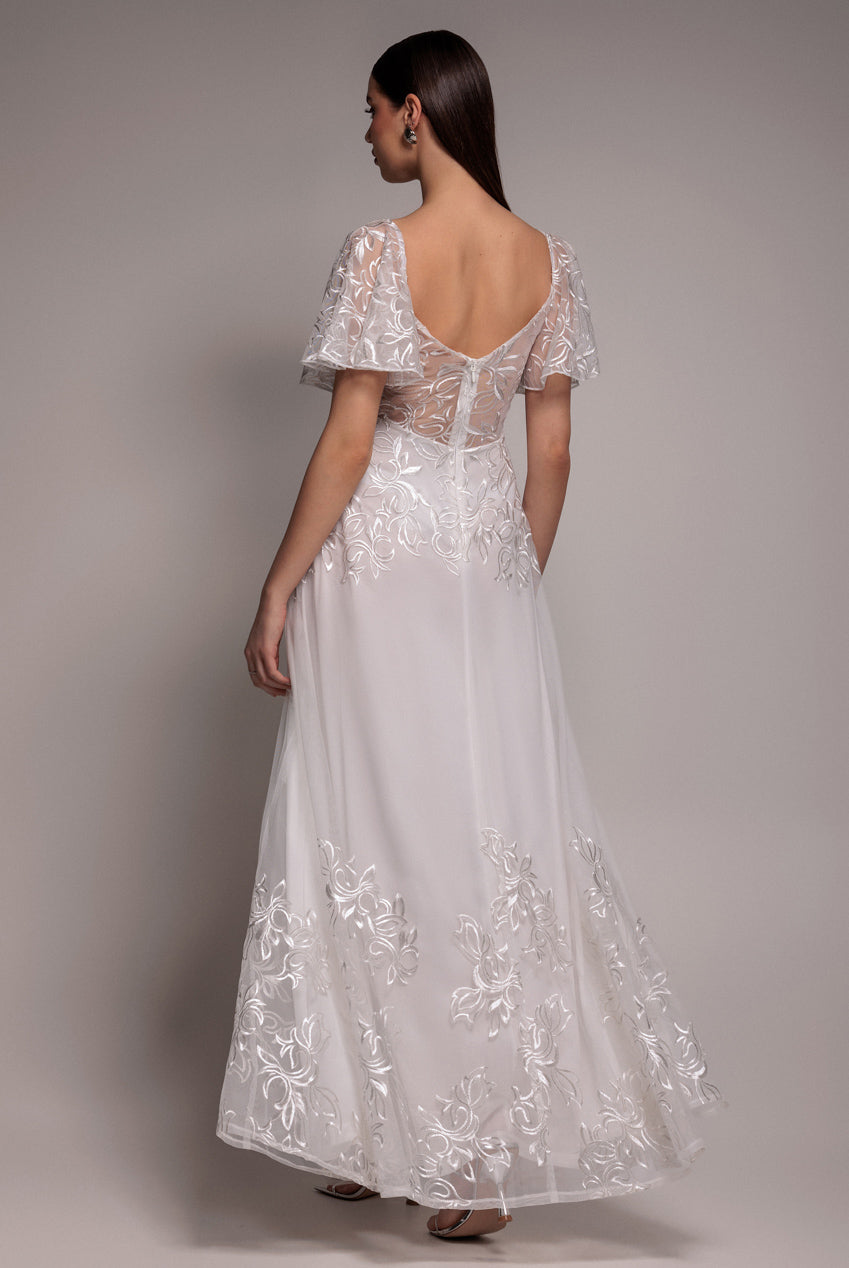 Goddiva Lace Flutter Sleeve Embroidered Mesh A Line Maxi Dress