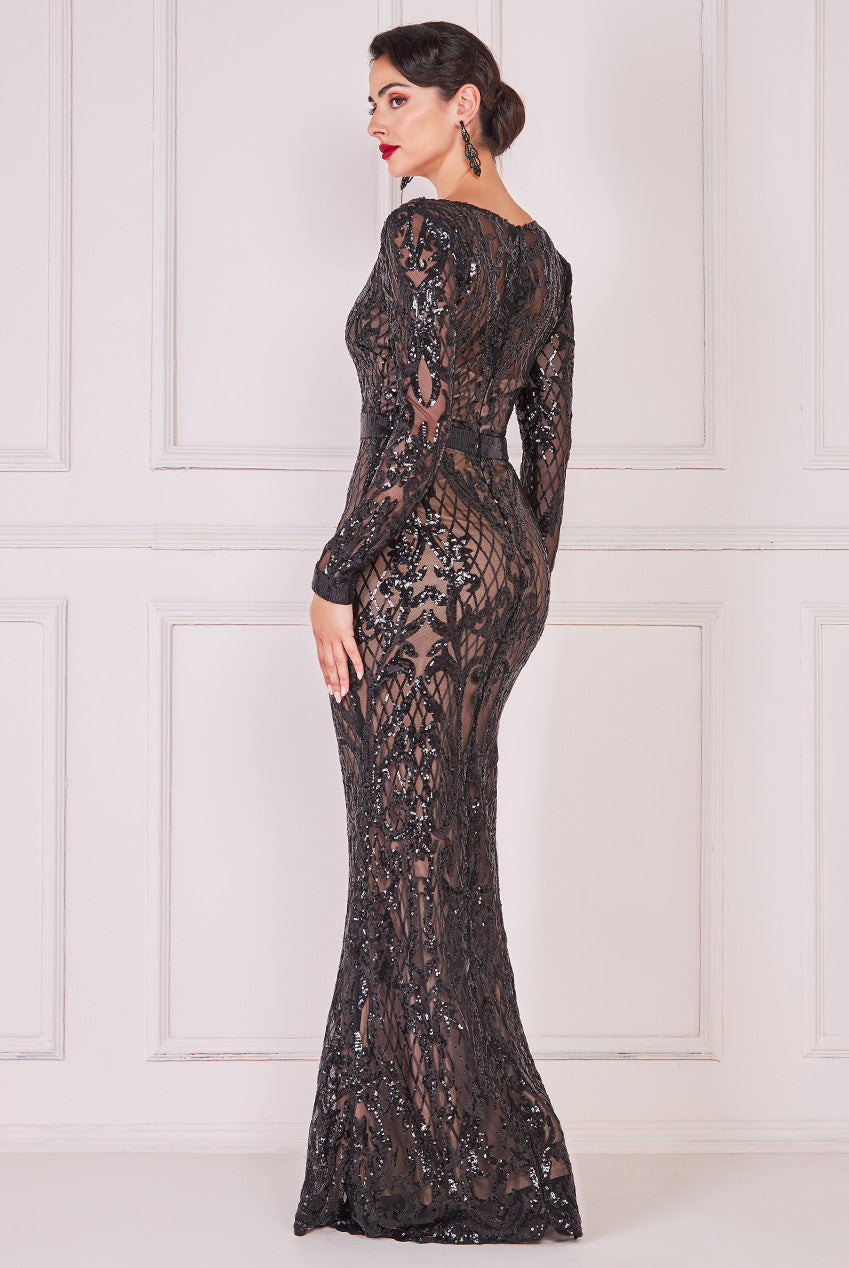 Goddiva Sequin Square Neck Maxi With Scallop Hem