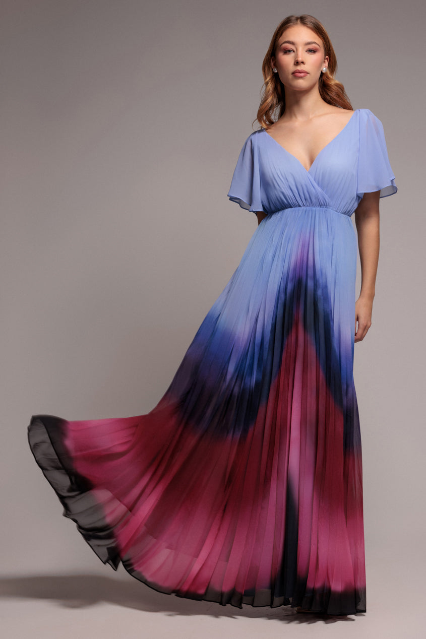 Wavy Ombre A-Line Chiffon Maxi Dress - Blue by Goddiva - DR4207