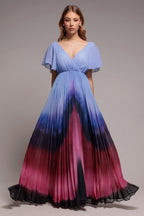 Wavy Ombre A-Line Chiffon Maxi Dress - Blue by Goddiva - DR4207