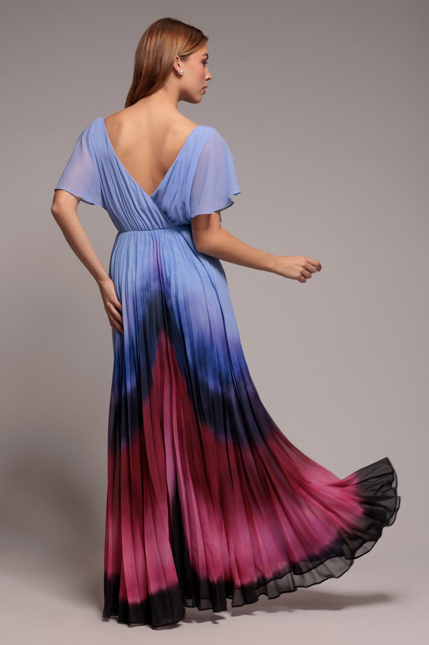 Wavy Ombre A-Line Chiffon Maxi Dress - Blue by Goddiva - DR4207
