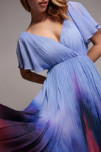 Wavy Ombre A-Line Chiffon Maxi Dress - Blue by Goddiva - DR4207