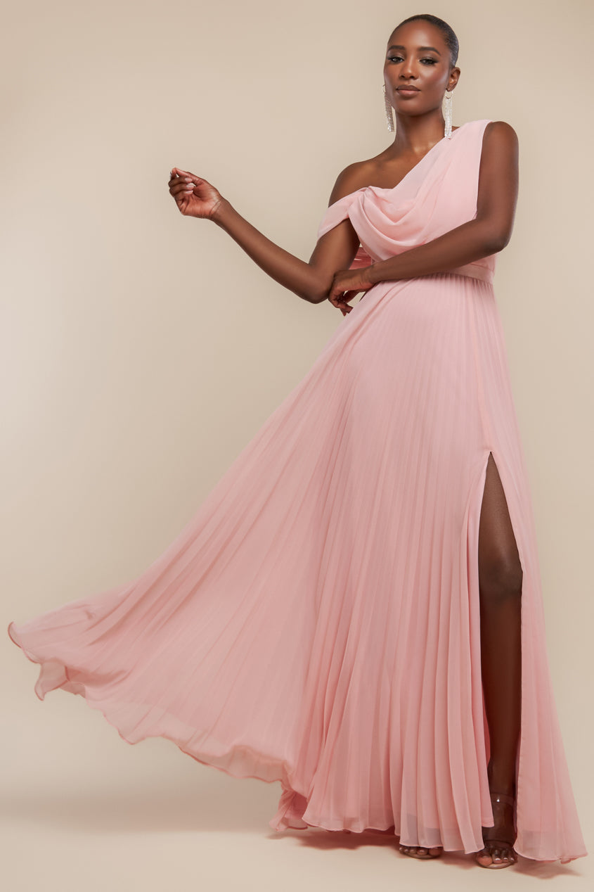 Goddiva Cowl Neck One Shoulder A Line Chiffon Maxi Dress