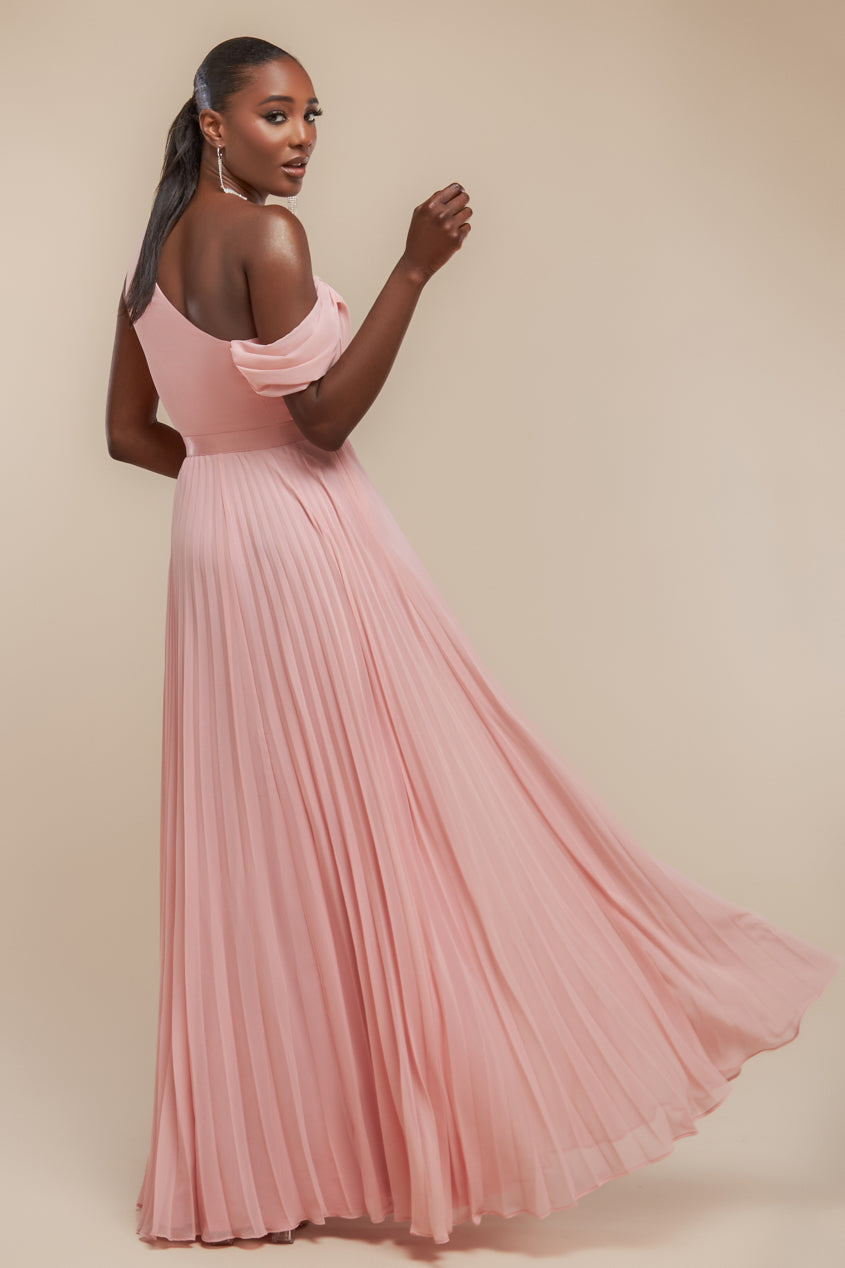 Goddiva Cowl Neck One Shoulder A Line Chiffon Maxi Dress