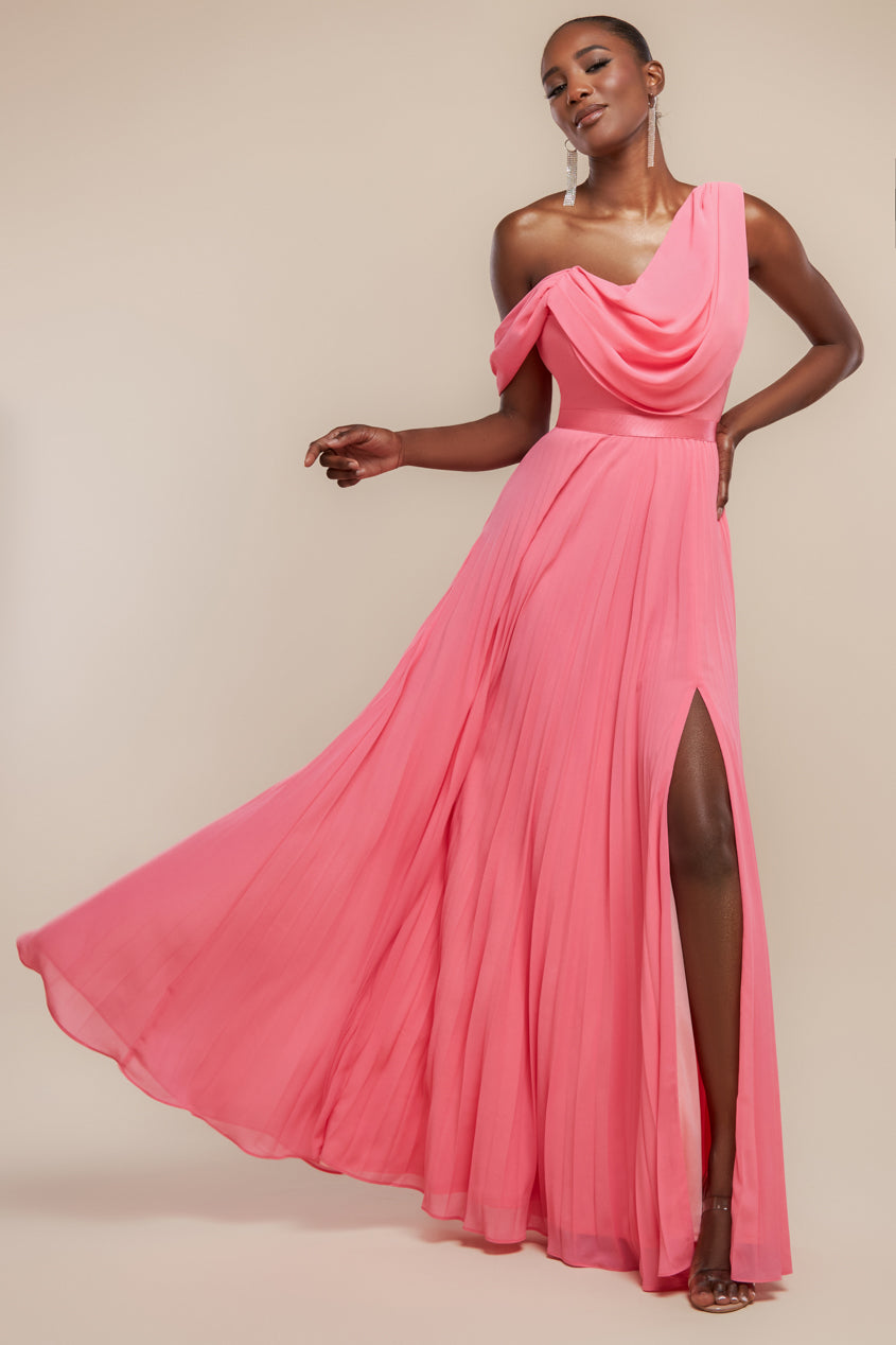 Goddiva Cowl Neck One Shoulder A Line Chiffon Maxi Dress