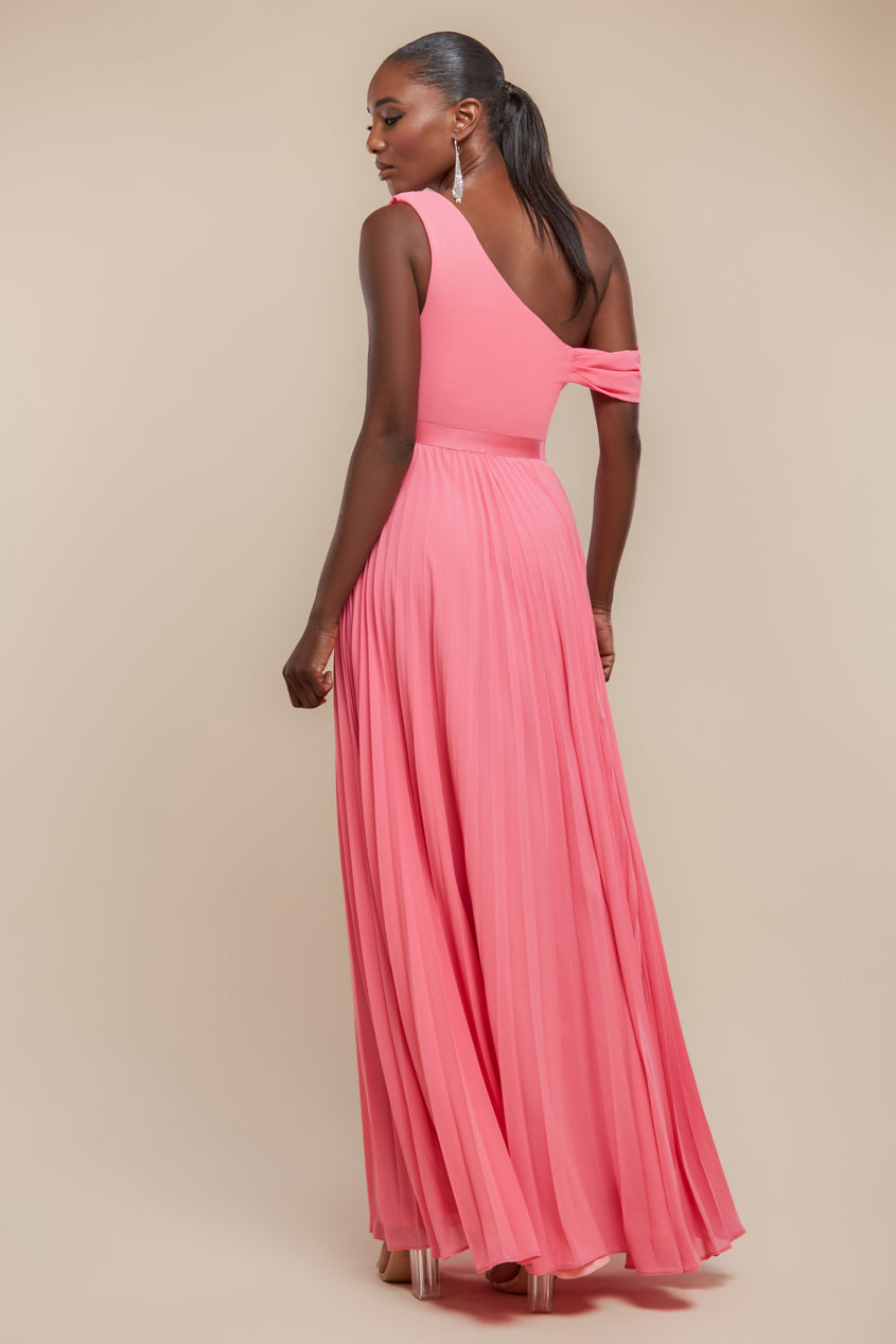 Goddiva Cowl Neck One Shoulder A Line Chiffon Maxi Dress