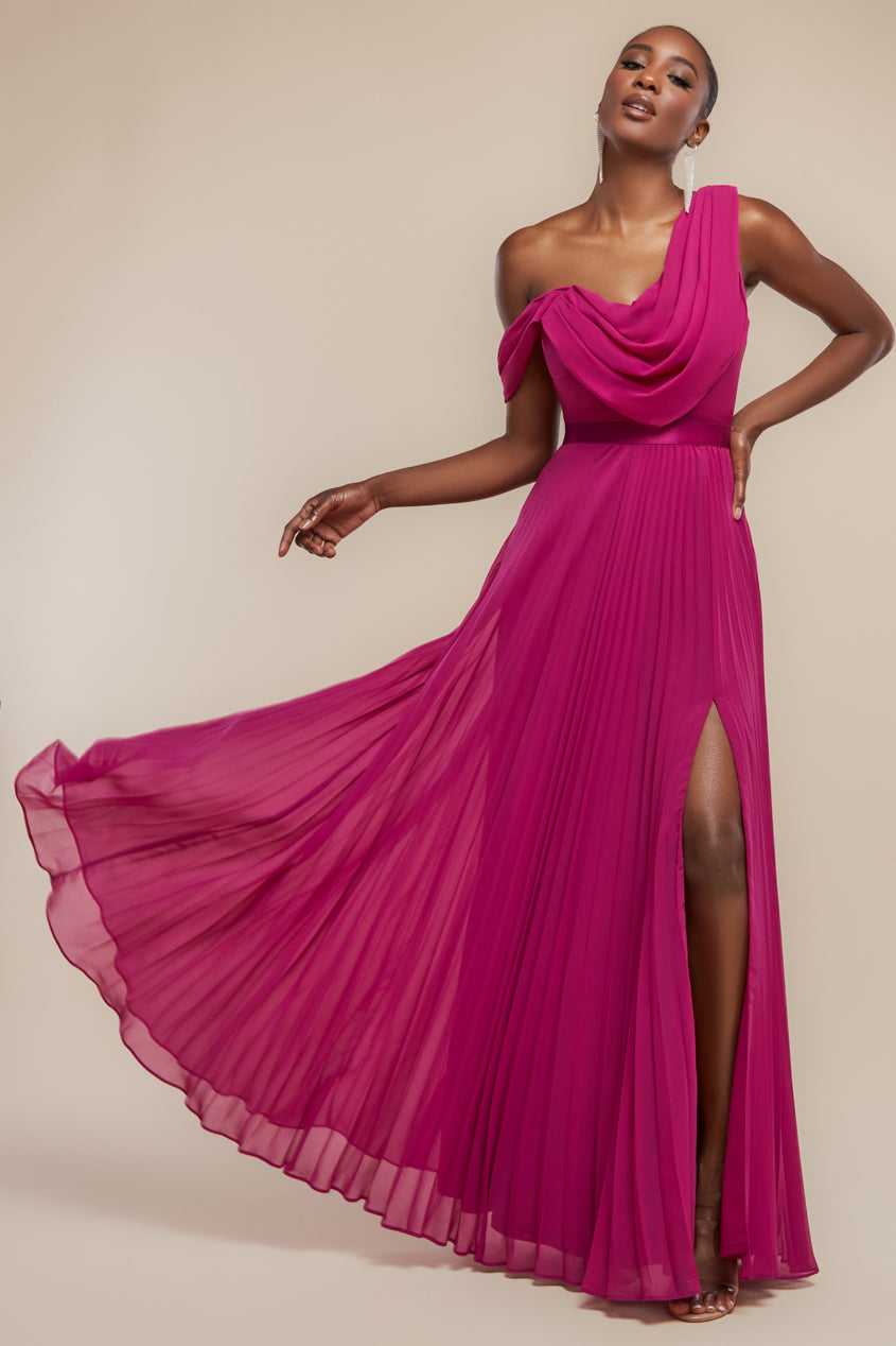 Goddiva Cowl Neck One Shoulder A Line Chiffon Maxi Dress