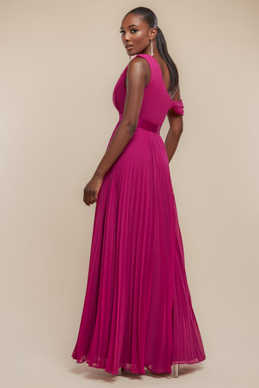 Goddiva Cowl Neck One Shoulder A Line Chiffon Maxi Dress