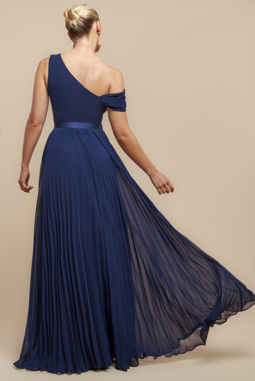 Goddiva Cowl Neck One Shoulder A Line Chiffon Maxi Dress