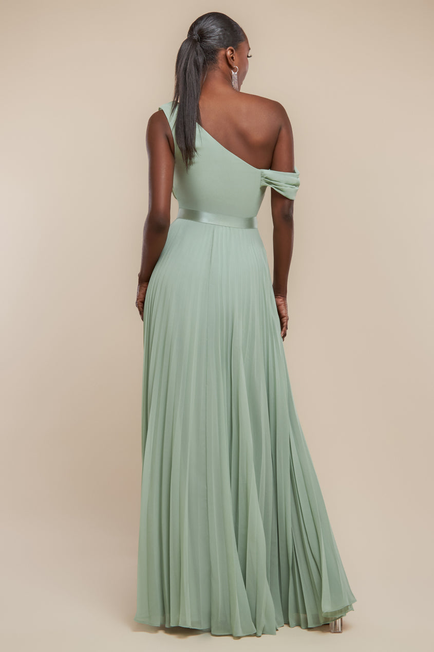 Goddiva Cowl Neck One Shoulder A Line Chiffon Maxi Dress