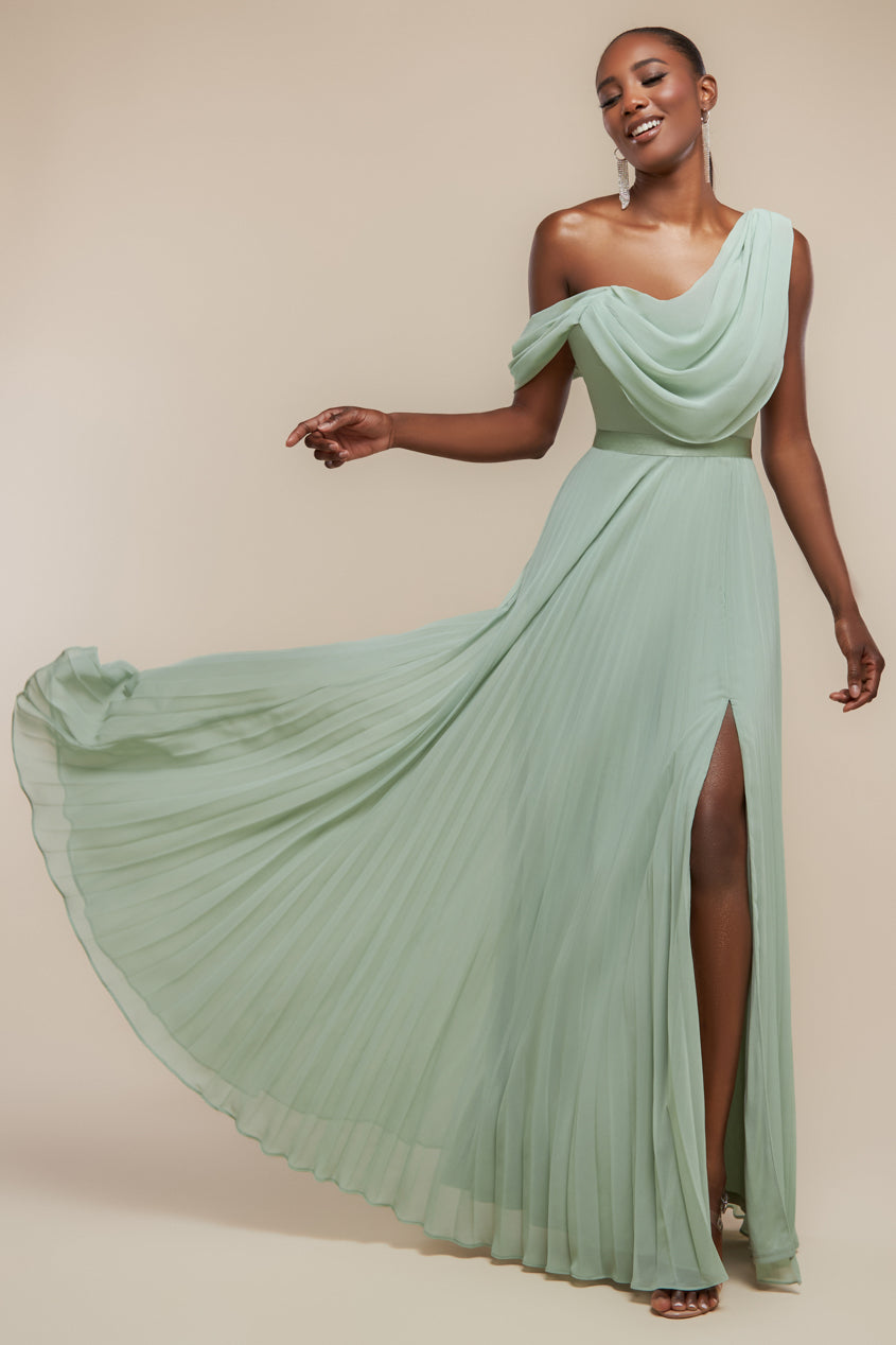 Goddiva Cowl Neck One Shoulder A Line Chiffon Maxi Dress