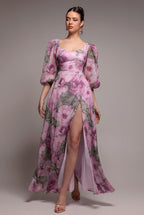Goddiva PUFF SLEEVE A-LINE PRINTED CHIFFON MAXI DRESS WITH SPLIT BY GODDIVA