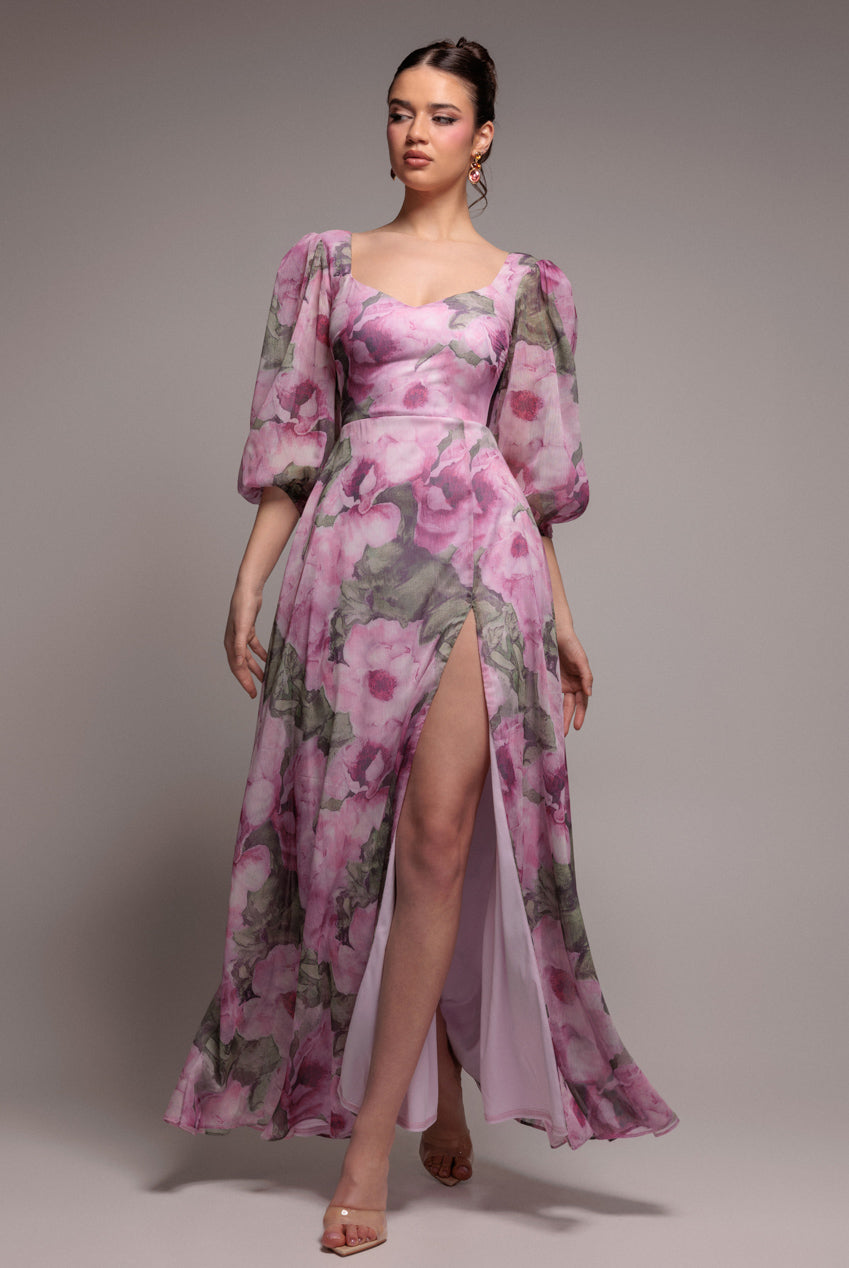 Goddiva PUFF SLEEVE A-LINE PRINTED CHIFFON MAXI DRESS WITH SPLIT BY GODDIVA