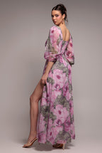 Goddiva PUFF SLEEVE A-LINE PRINTED CHIFFON MAXI DRESS WITH SPLIT BY GODDIVA