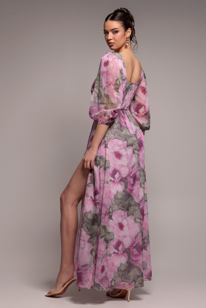 Goddiva PUFF SLEEVE A-LINE PRINTED CHIFFON MAXI DRESS WITH SPLIT BY GODDIVA