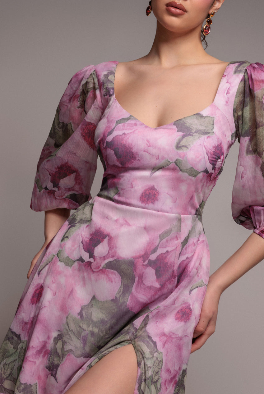 Goddiva PUFF SLEEVE A-LINE PRINTED CHIFFON MAXI DRESS WITH SPLIT BY GODDIVA