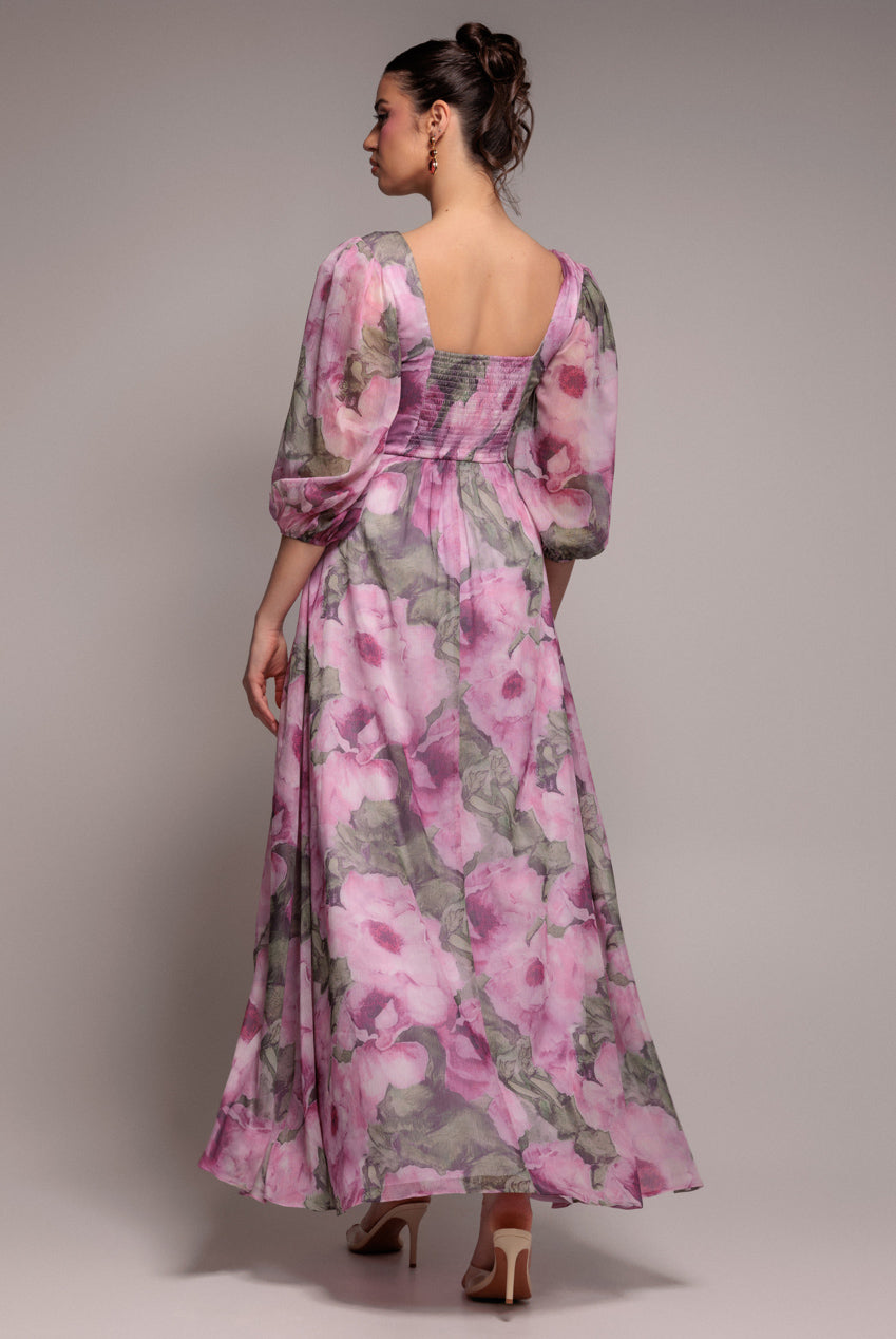 Goddiva PUFF SLEEVE A-LINE PRINTED CHIFFON MAXI DRESS WITH SPLIT BY GODDIVA