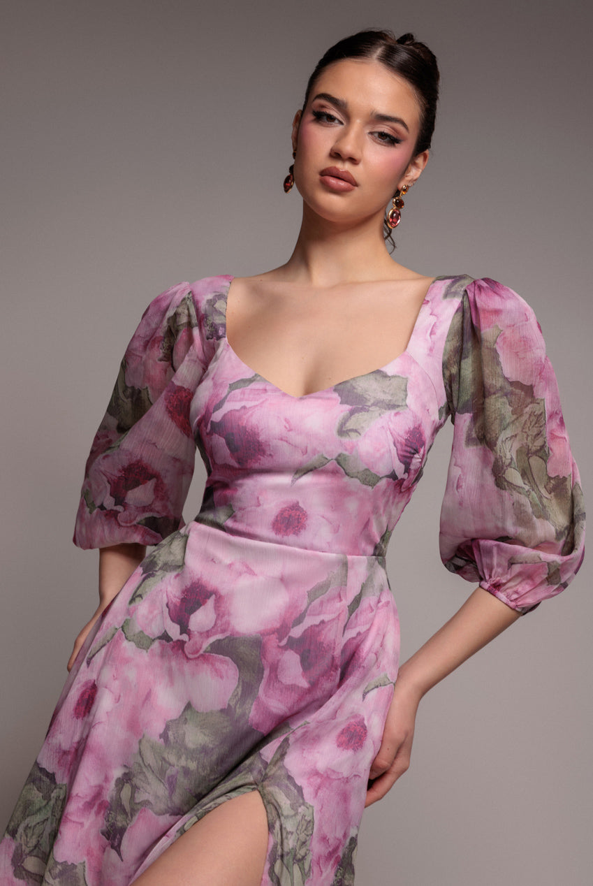 Goddiva PUFF SLEEVE A-LINE PRINTED CHIFFON MAXI DRESS WITH SPLIT BY GODDIVA