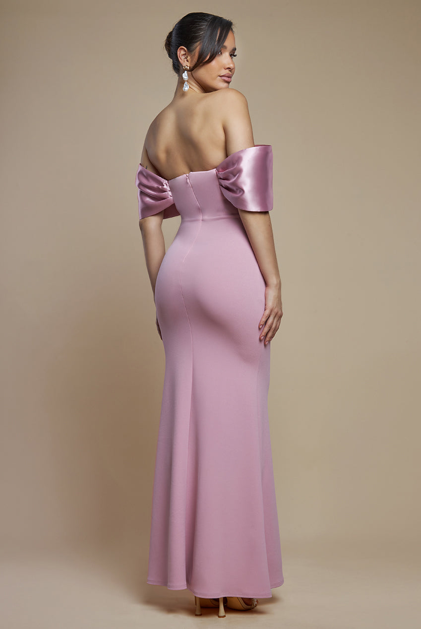 Goddiva Twist Knot Satin & Scuba Bardot Maxi Dress