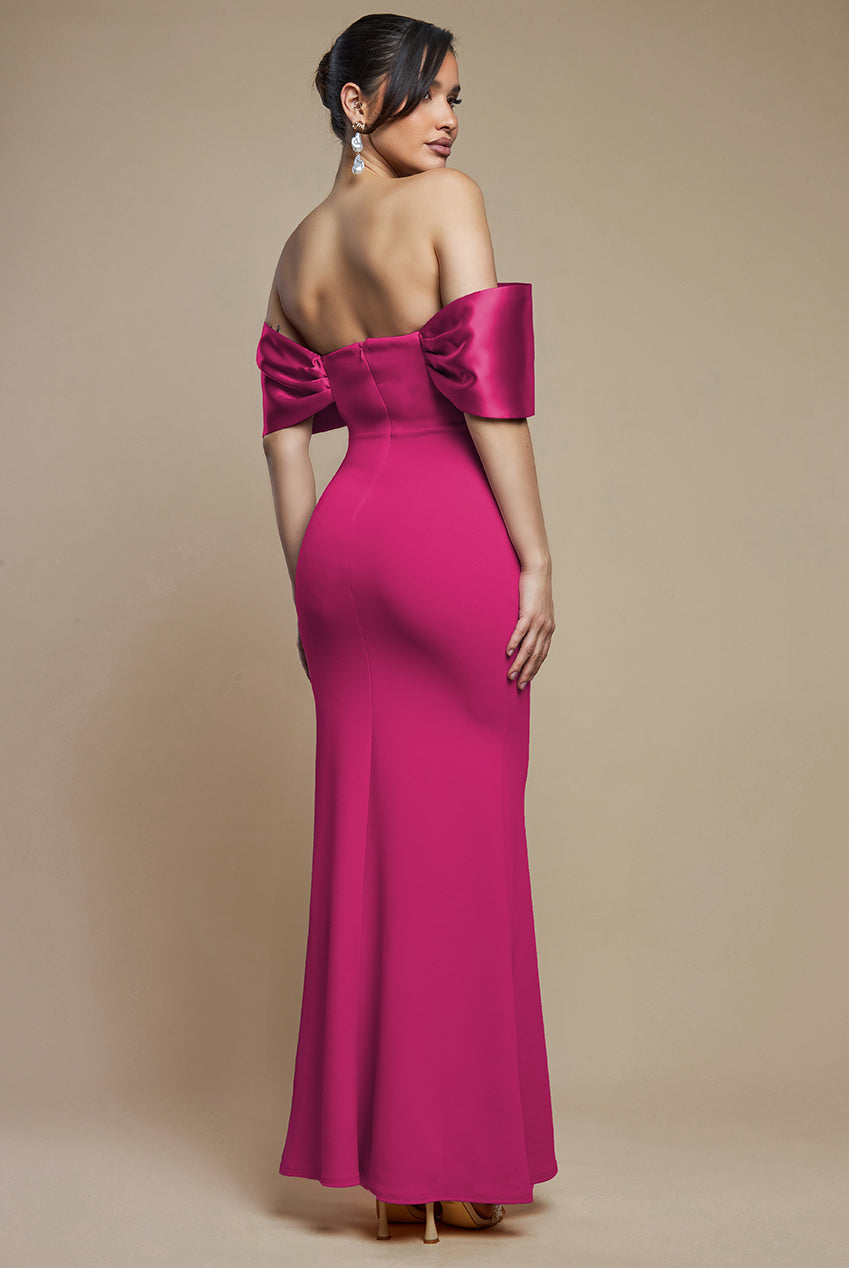 Goddiva Twist Knot Satin & Scuba Bardot Maxi Dress