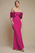 Goddiva Twist Knot Satin & Scuba Bardot Maxi Dress