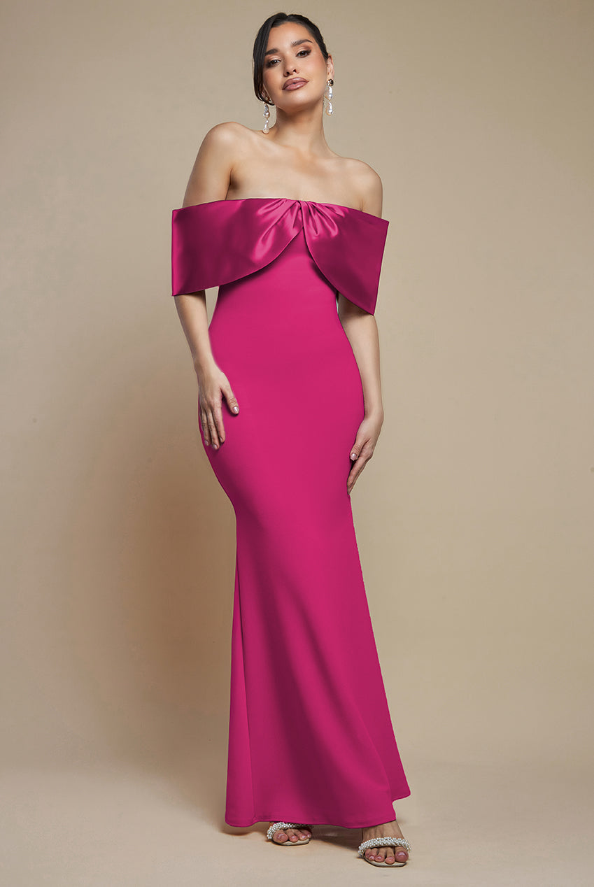 Goddiva Twist Knot Satin & Scuba Bardot Maxi Dress