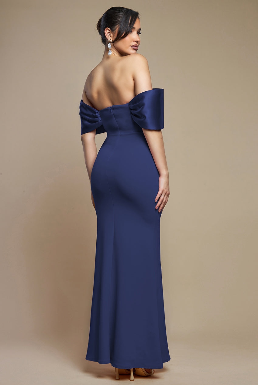 Goddiva Twist Knot Satin & Scuba Bardot Maxi Dress